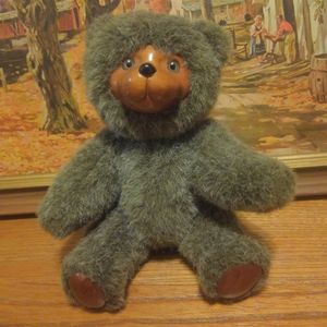 🐻 Vtg 80s Robert Raikes Plush Wooden Carved Wood Bear Stuffed Animal 8" 🔥💎